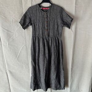 Pyne & Smith Linen Button Front‎ Midi Dress XS Grey Short Sleeve Tie Back